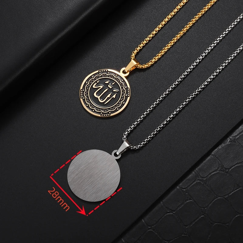 Allah Necklace for Men Stainless Steel Gold Color Round Pendant Necklace