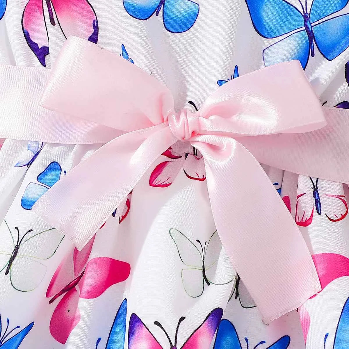 Girls Butterfly Print Dress Set with Flying Sleeves Pink Belt Waist Cinch Matching Hat Ensemble for Children's Clothing