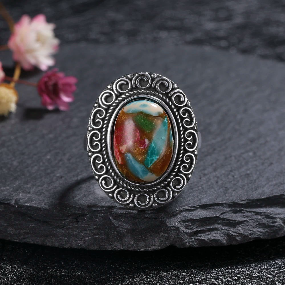 Vintage Natural Emperor Stone Ring S925 Silver Retro Hollow Luxury Fine Jewelry Wedding Gift for Women - AMULET RING STORE