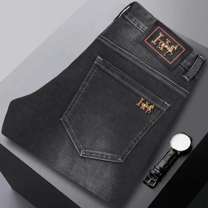H Home Autumn/Winter Thickened European Style High-End Jeans Men's Trendy Brand Slims Smooths Your Silhouette Small Footed Trend