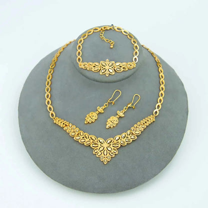 Luxury Dubai Wedding Jewelry Set 21k Gold Plated Arab Bridal Gold Necklace Bracelet Earrings Brazilian Women Vintage Jewelrys