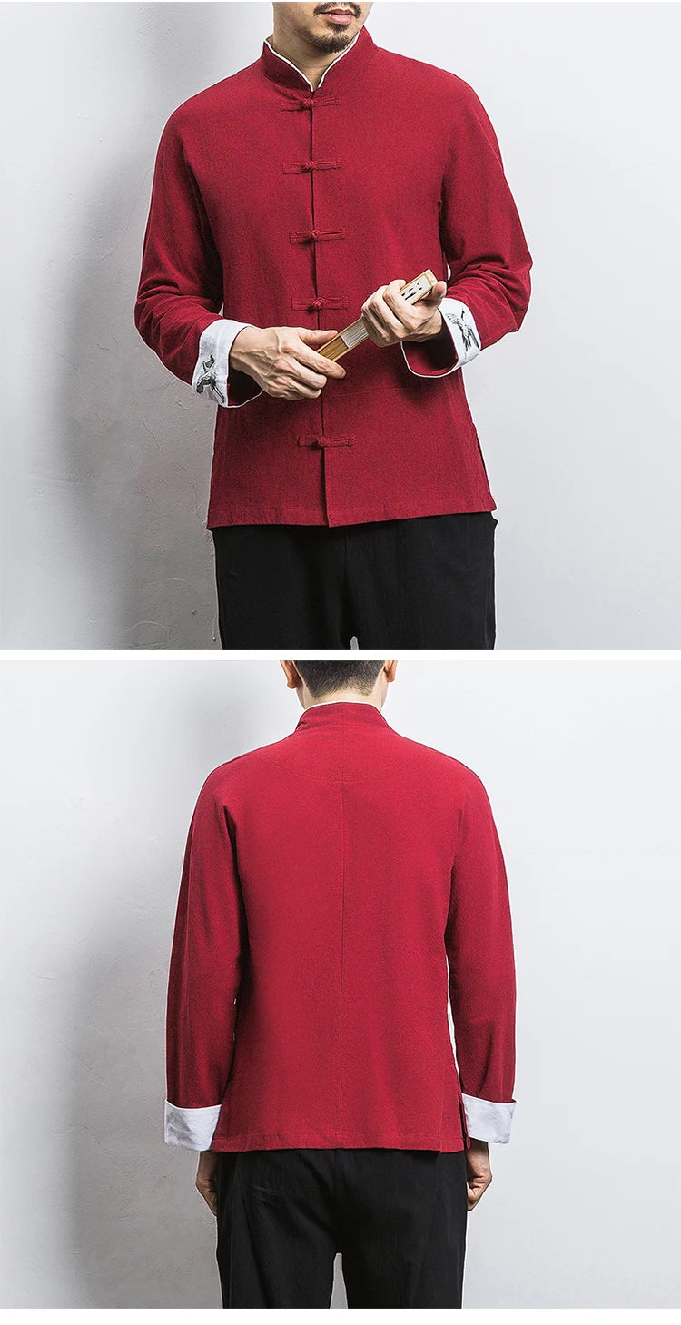 New Crane Embroidery Top Traditional Chinese Clothing for Men Vintage Half Sleeve Linen Shirts Solid Madarin Collar Hanfu Kungfu