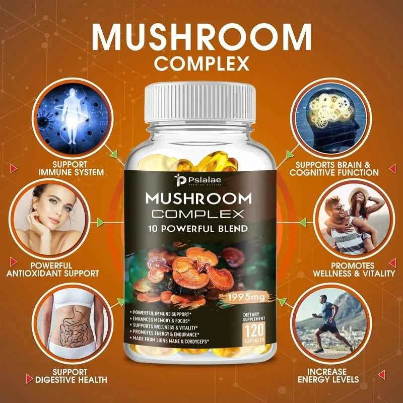 Mushroom Complex Capsules - with Lions Mane, Chaga, Reishi, Cordyceps - Support Immune System, Memory, Focus and Relieve Stress