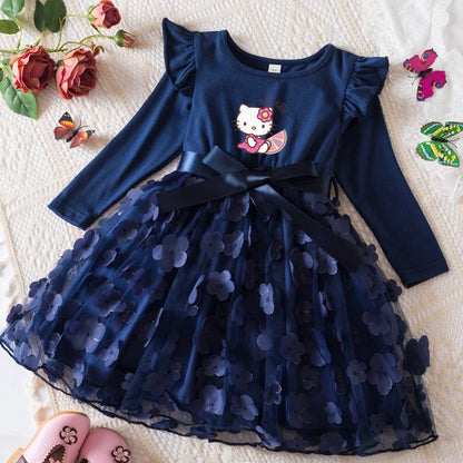 Hello Kitty Autumn Dress for Kid's Casual Clothes 3D Butterfly Cute Long Sleeve Baby Girls Princess Dress Party Dresses 2-6 Yrs