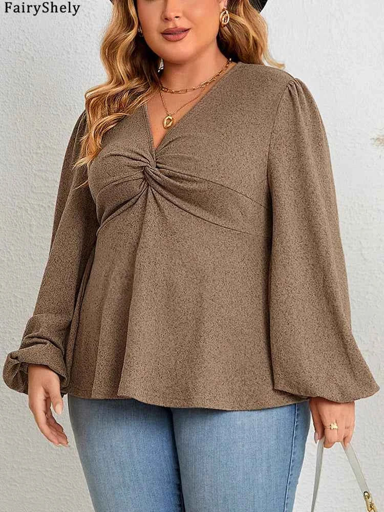 Fairyshely 2025 Spring Autumn V Neck Plus Size Top Women Long Sleeve Loose Large T-shirt Lady Brown Casual Curvy Pullover Tops