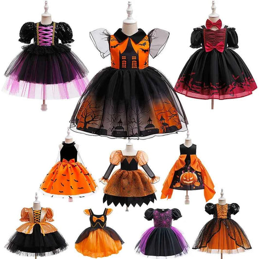 Girl Halloween costume 4-8 Yrs Halloween Theme Party Dresses Skeleton Bat Pumpkin Print Frocks Luxury Fluffy Kids Elegant Gown