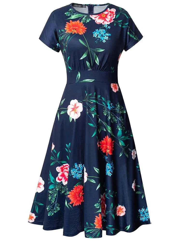 Nice-forever Vintage Elegant Floral Print Pleated Round neck vestidos A-Line Pinup Business Party Women Flare Swing Dress A102