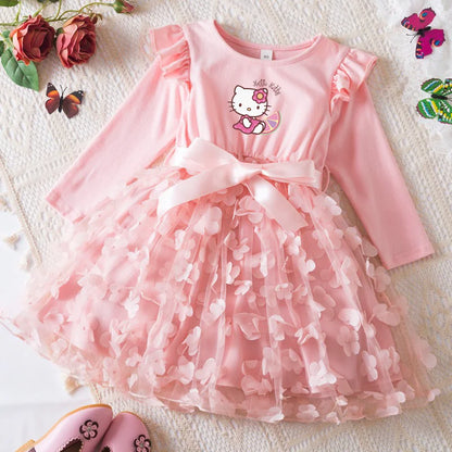 Hello Kitty Autumn Dress for Kid's Casual Clothes 3D Butterfly Cute Long Sleeve Baby Girls Princess Dress Party Dresses 2-6 Yrs