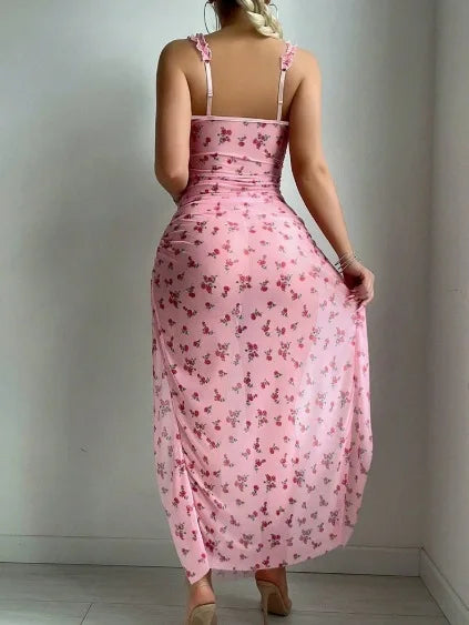 Pajamas Women's Night Dress Suspenders Rose Print Split Fork Nightgowns Slim Fit Home Wear Mesh Sleeveless Sexy Dress Sweet 5HEN - AMULET RING STORE