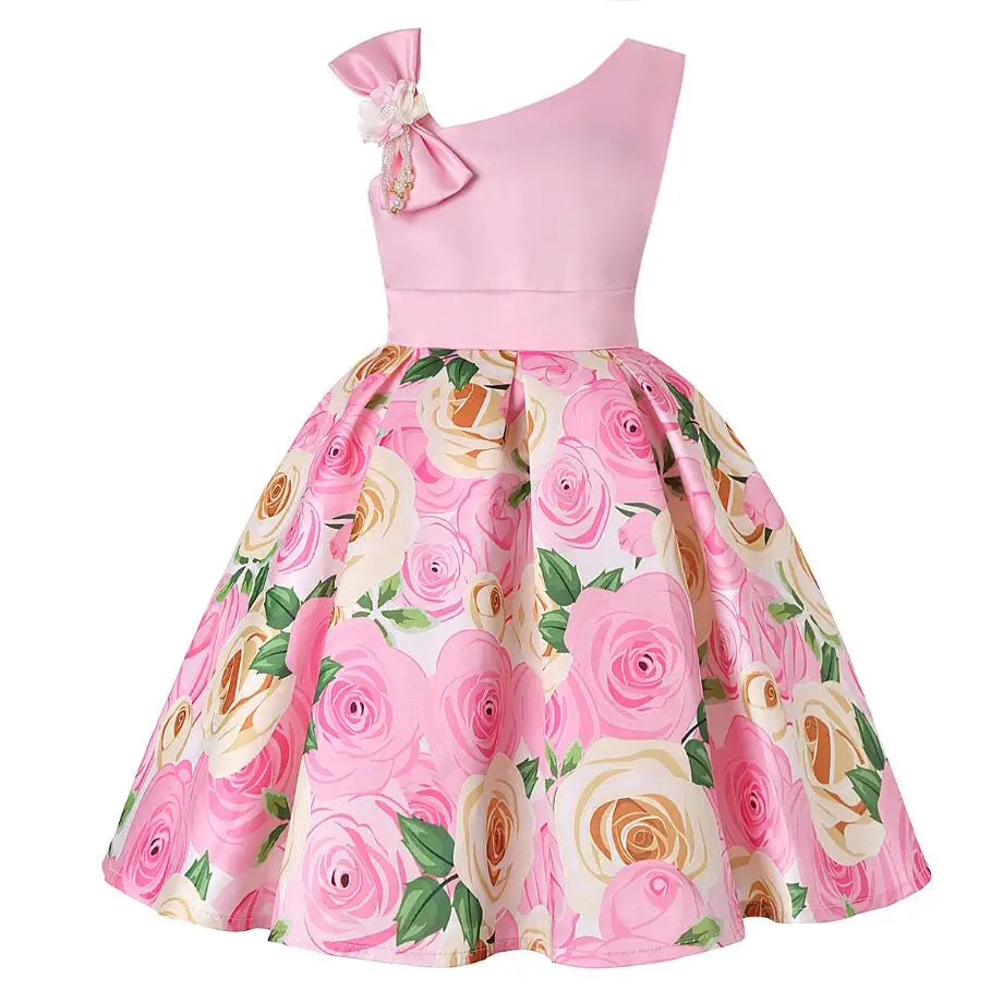 Summer Girls Rose Print Dress Princess Wedding Birthday Party Frocks Satin Children Vestidos Dresses For Girl Christmas Clothing