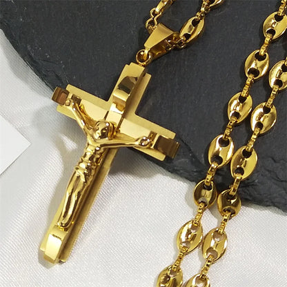 Jesus Cross Crucifix Pendant Necklace for Men Stainless Steel Gold Color Christian Coffee Bean Chain Jewelry croix chrétienne - AMULET RING STORE