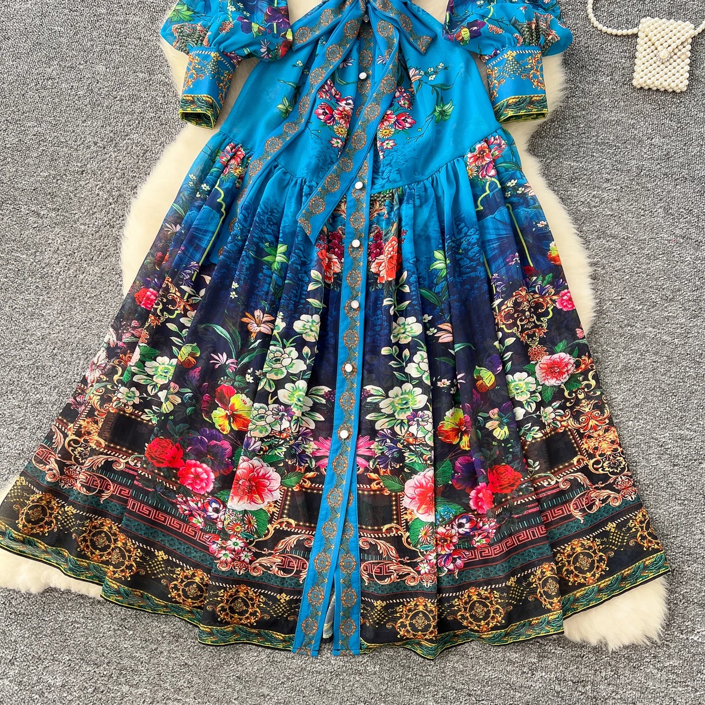 SINGREINY Vintage Print Chiffon Dresses Women Lantern Sleeve O Neck Design Fashion High Quality Court Floral Pleated Long Dress