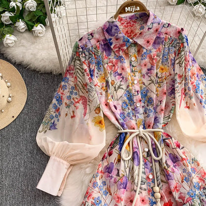 Faionable Print Long Dr Women's Spring Belted Waist Pleated Lantern Sve Turn-down Collar Dr Korean Sle Commute