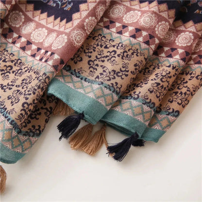 2025 Luxury Retro Bohemian Floral Women Viscose Scarf Designer Shawl Cotton Linen Feeling Tassel Pashmina Muslim Hijab Wrap