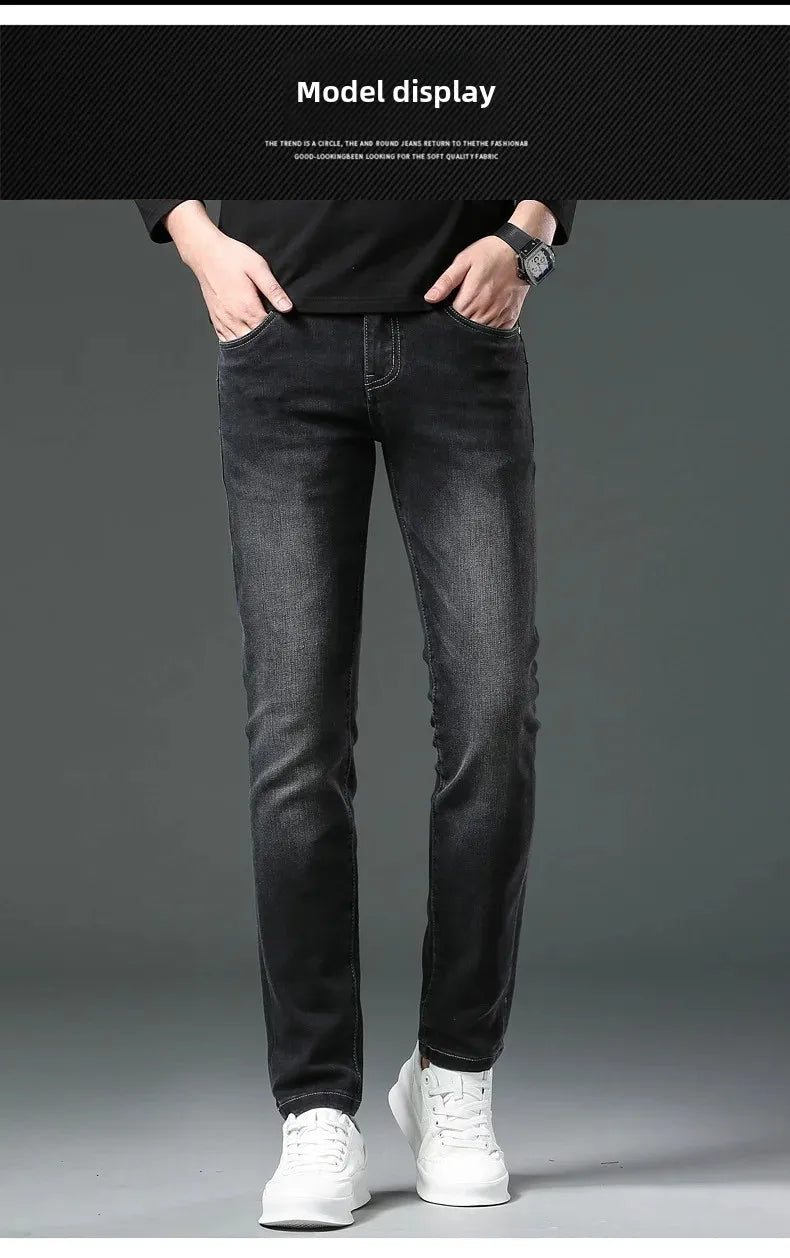 H Home Autumn/Winter Thickened European Style High-End Jeans Men's Trendy Brand Slims Smooths Your Silhouette Small Footed Trend