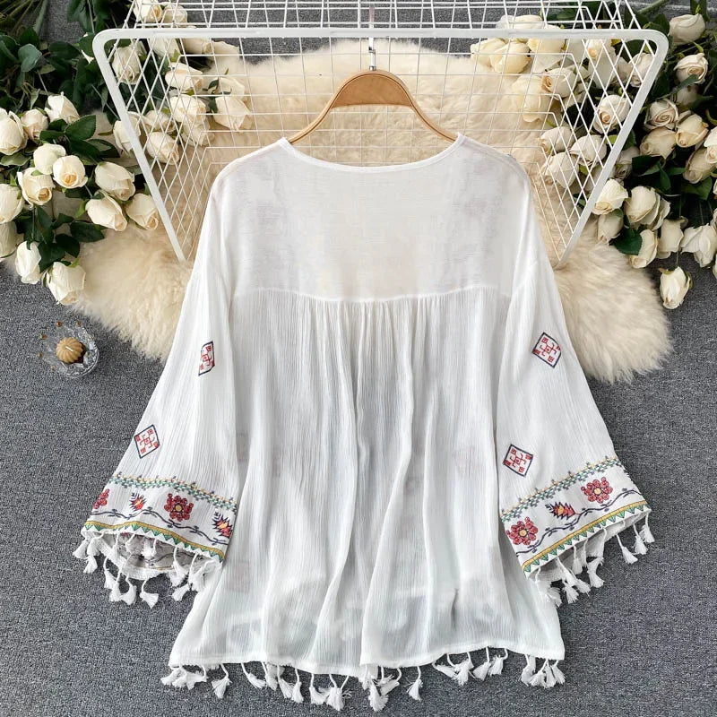 Summer Women's Shirt Bohemian Holiday Style Embroidered Tassel Chiffon Cardigan New Waist Female Slim Short Tops - AMULET RING STORE