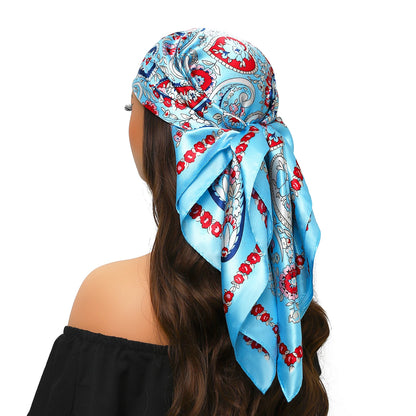 Head Scarf Women Luxury Brand Square 90*90cm Silk Foulard Satin Bandana Cheveux Soft Neckerchief Hijab Hair Scarves For Ladies - AMULET RING STORE