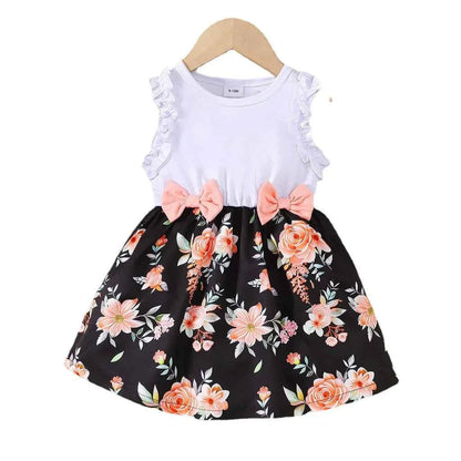 Baby Girl Summer Clothes Floral Print Sleeveless Dresses Pastoral Style Wedding Party Dress with Bow for Toddler Girl 0-3 Years - AMULET RING STORE
