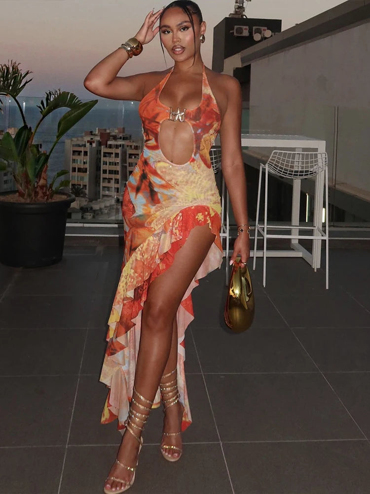 Nibber Bandage Dress Women Halter Metal Buckle Y2K Hollow Backless Summer Trend High Split Ruffles Sexy Elegant Maxi Bodycon - AMULET RING STORE