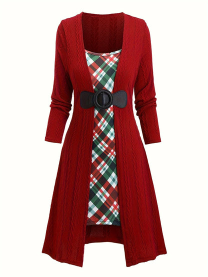 European and American fashion plus-size women's elegant temperament stitching buckle plaid printing knitted plus-size dress wome