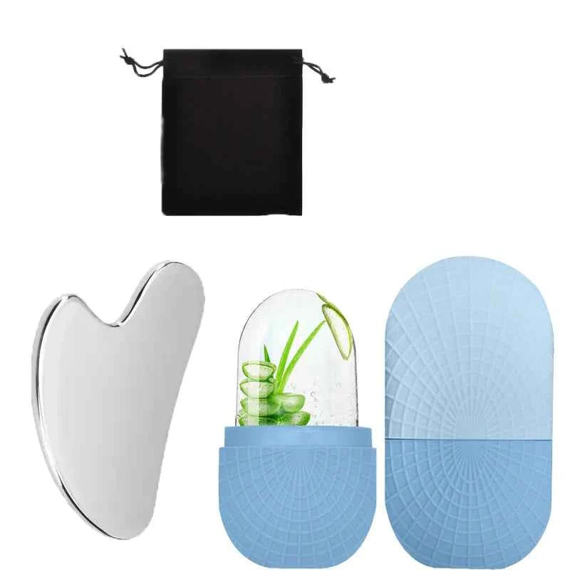 3-piece facial cleansing tool, stainless steel heart-shaped scraping tool, ice facial roller, a flannel bag
