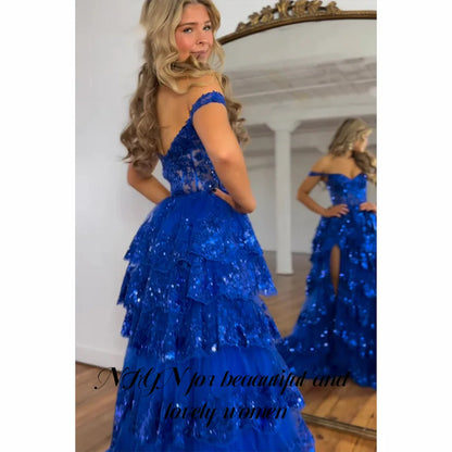 NFYN Glitter Royal Blue Prom Dress Exquisite Tiered Layer Party Dress High Split Off Shoulder Formal Dresses Gown Customized - AMULET RING STORE