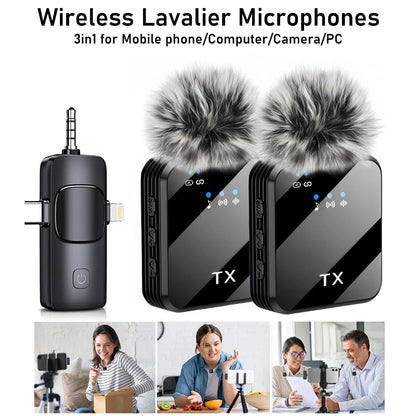 3in1 Wireless Lavalier Microphone for Camera,iPhone,Android,Microphone for Video Recording Recording Podcast Noise Reduction mic