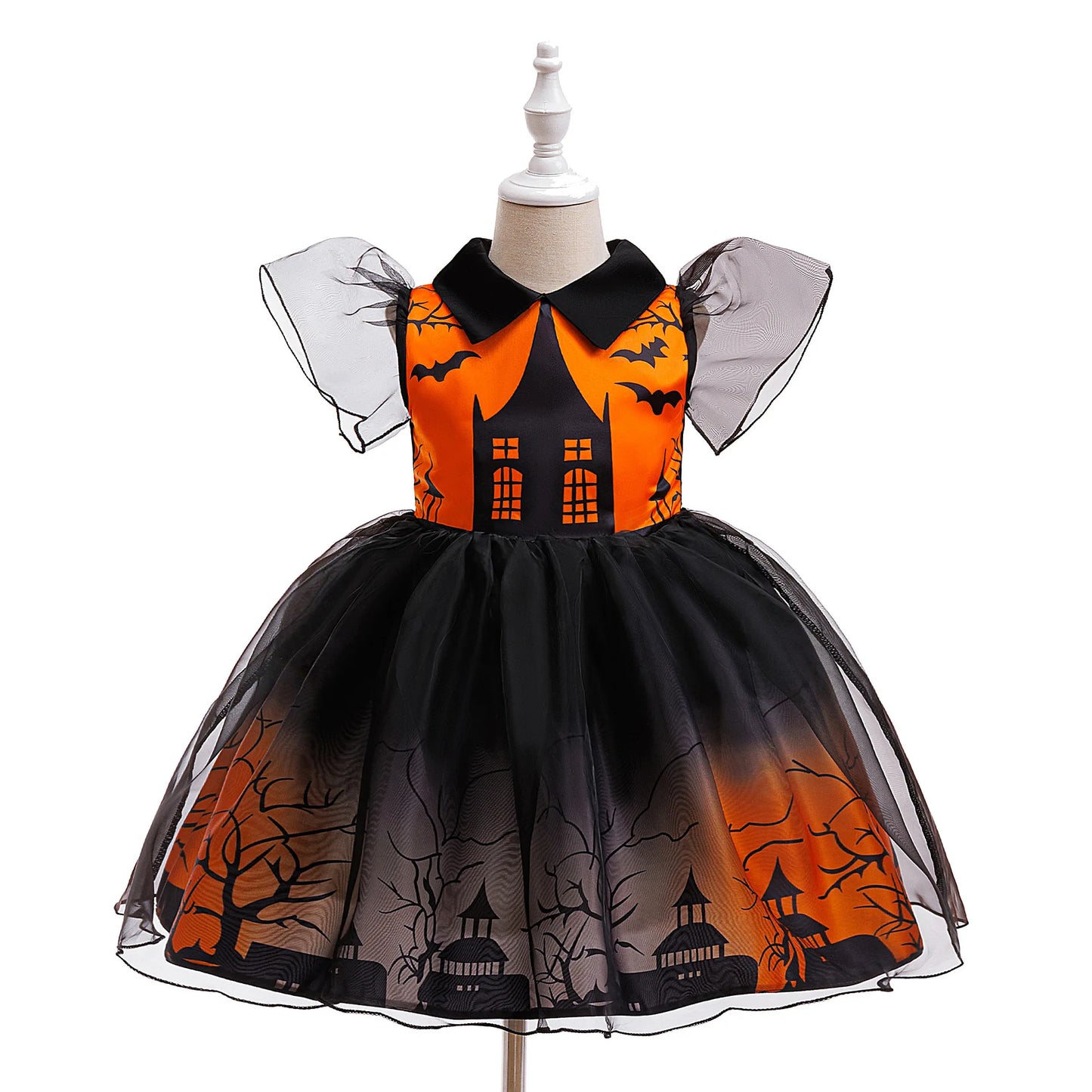 Girl Halloween costume 4-8 Yrs Halloween Theme Party Dresses Skeleton Bat Pumpkin Print Frocks Luxury Fluffy Kids Elegant Gown