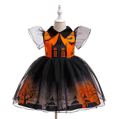 Girl Halloween costume 4-8 Yrs Halloween Theme Party Dresses Skeleton Bat Pumpkin Print Frocks Luxury Fluffy Kids Elegant Gown