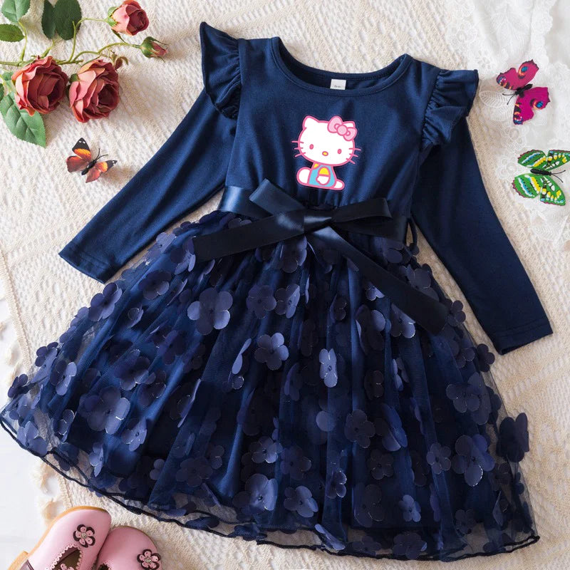 Hello Kitty Autumn Dress for Kid's Casual Clothes 3D Butterfly Cute Long Sleeve Baby Girls Princess Dress Party Dresses 2-6 Yrs