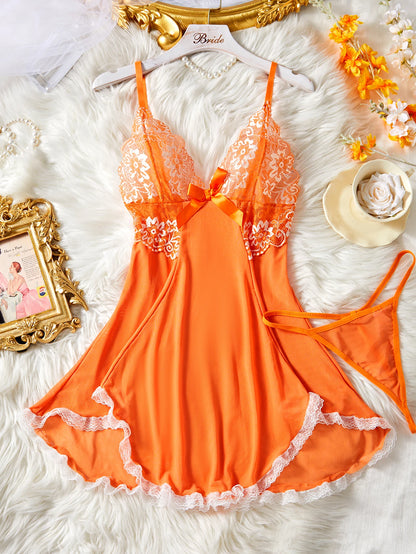 Exquisite Orange Lace See Through Sleepwear Thin Deep V Neck Halter Nightdress And Thong Summer Pajama Sets Sexy Adult Lingerie - AMULET RING STORE