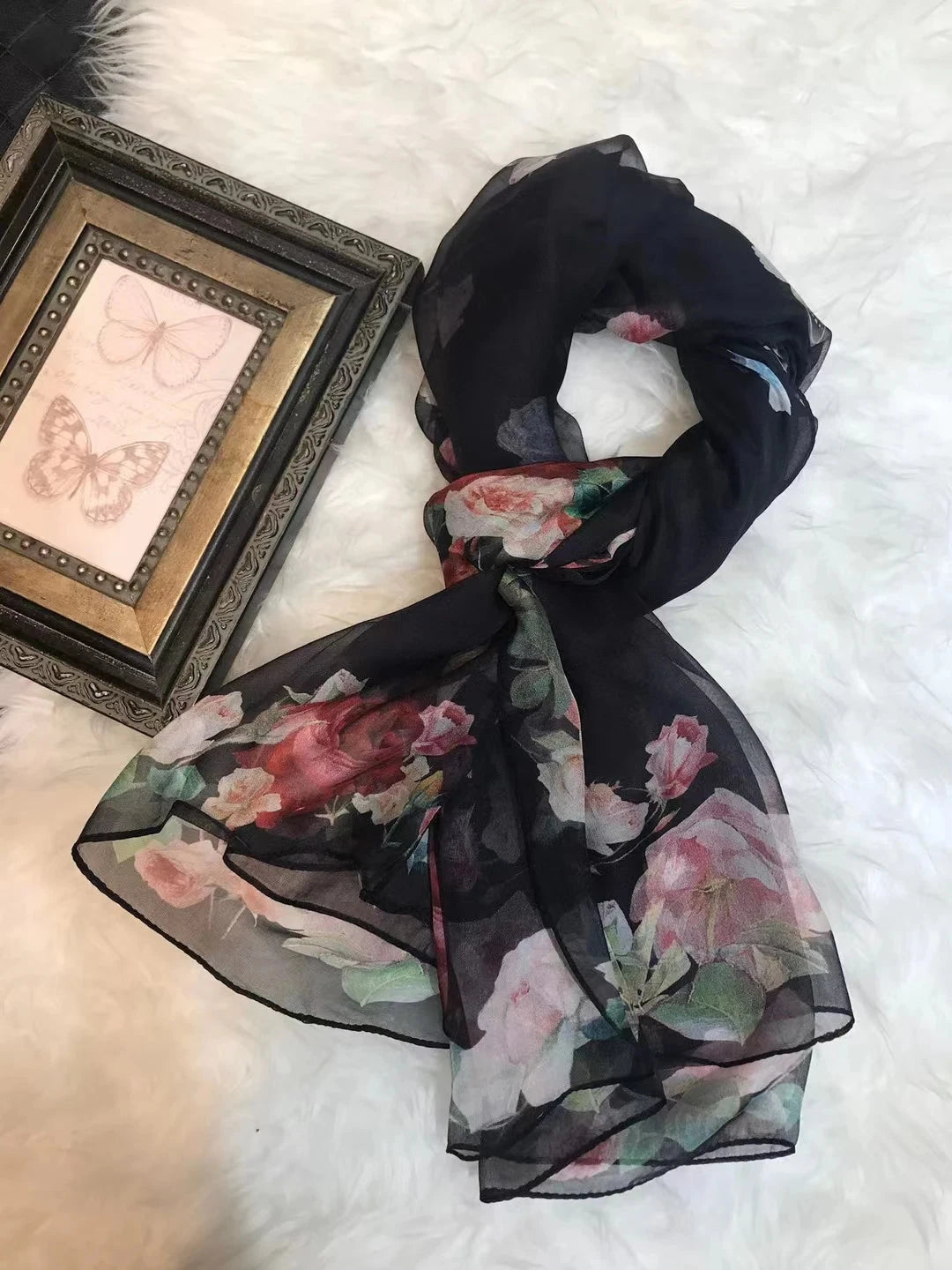 BYSIFA|New Black Pink Peony 100% Silk Shawl Scarf Women Chiffon Long Silk Scarves Cape Summer Foulard Winter Brand Scarves Wraps