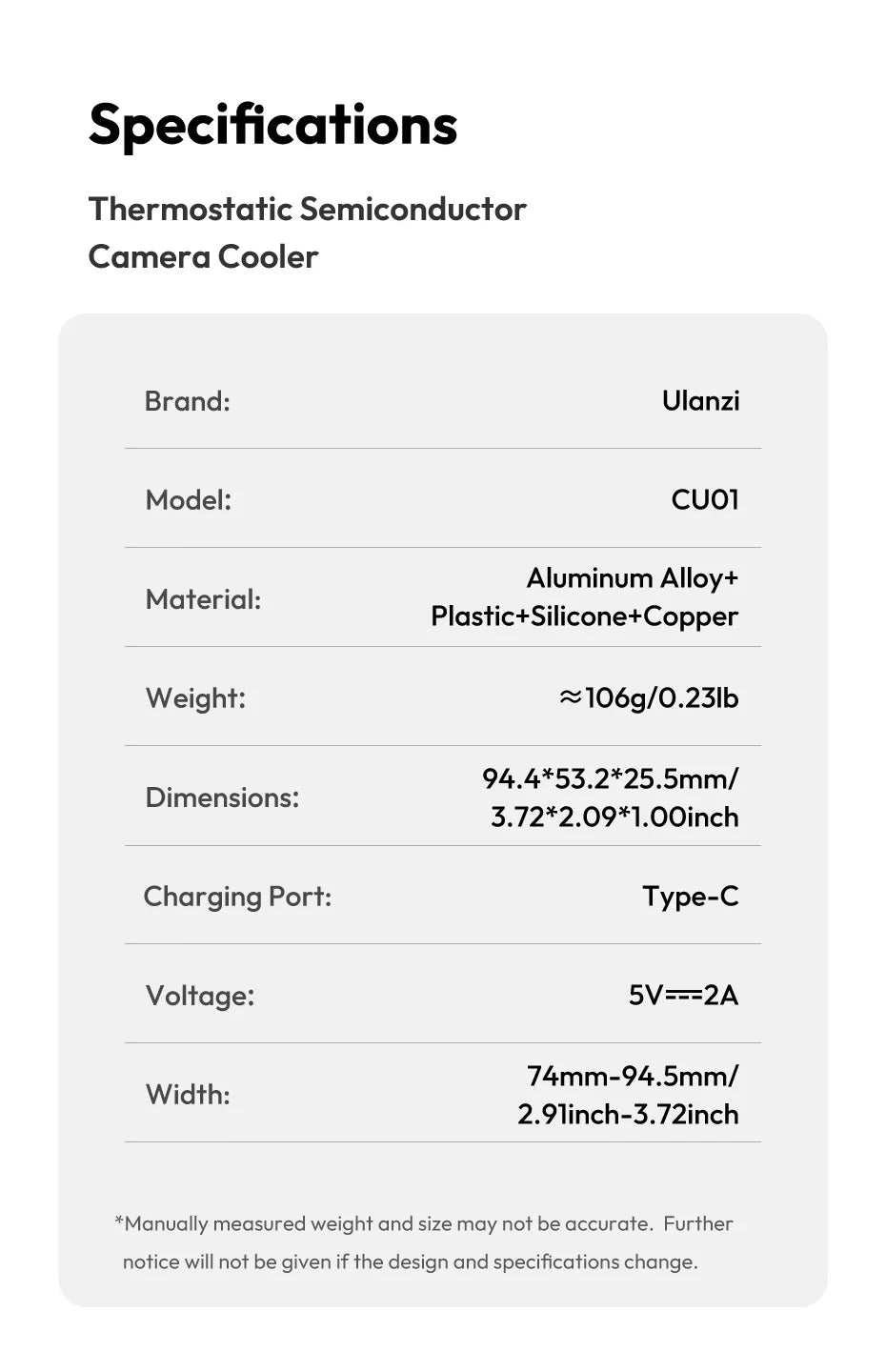 Ulanzi CU01 Thermostatic Semiconductor Camera Cooler Camera Cooling Fan Radiator 4K Recording Kit Heat Sink for Sony Canon Nikon