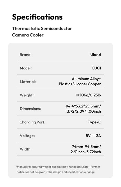 Ulanzi CU01 Thermostatic Semiconductor Camera Cooler Camera Cooling Fan Radiator 4K Recording Kit Heat Sink for Sony Canon Nikon