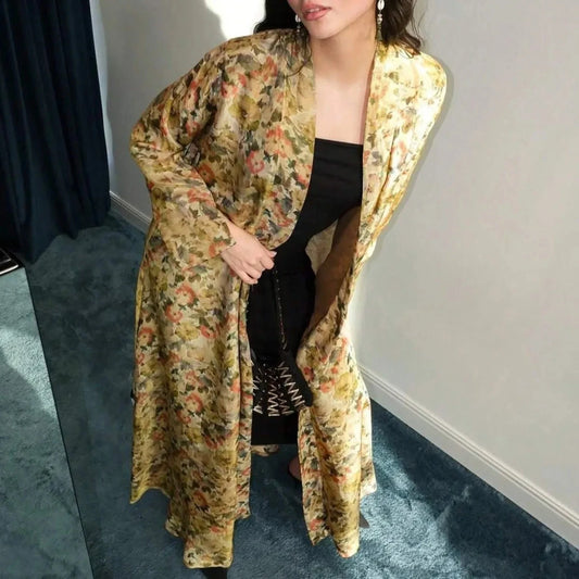 Middle Eastern Printed Floral Abaya Muslim Full Sleeve Loose Open Front Abayas Elegant Kaftan Women Jilbabs Arabian Maxi Dresses - AMULET RING STORE