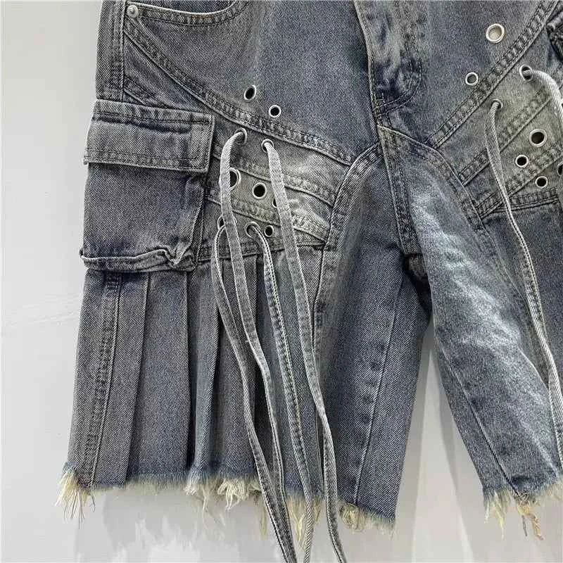 Streetwear American Vintage Heavy Industry Washed Holes and Burrs Denim Shorts Y2 Gothic Old Multi-pocket Casual Joker Pants