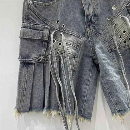 Streetwear American Vintage Heavy Industry Washed Holes and Burrs Denim Shorts Y2 Gothic Old Multi-pocket Casual Joker Pants