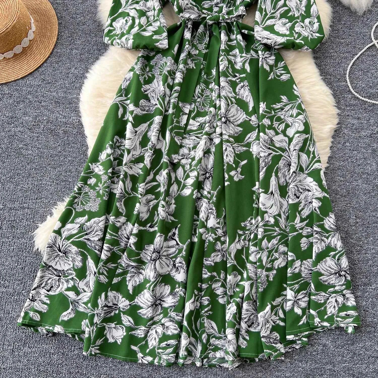 Elegant Boho Floral Print Floral Pleated Maxi Long Dress Female V Neck Puff Sleeve Belt Dresses Women Summer Dress Robe