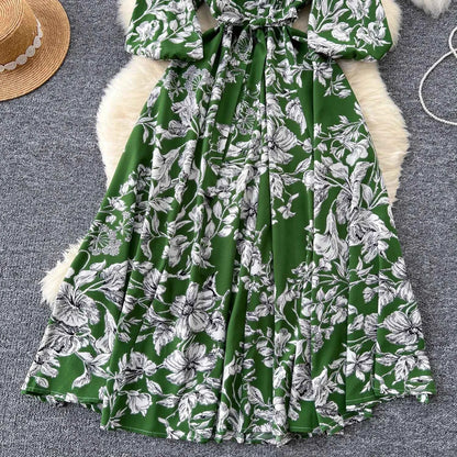 Elegant Boho Floral Print Floral Pleated Maxi Long Dress Female V Neck Puff Sleeve Belt Dresses Women Summer Dress Robe