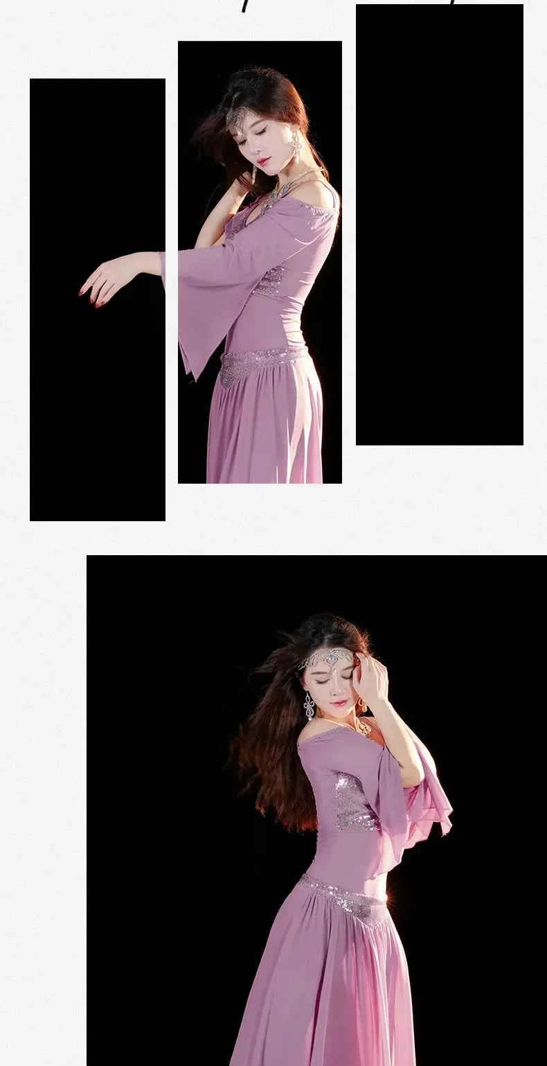 Belly Dancing Wear Outfit for Women Mesh Long Sleeves Top+gauze Long Skirt 2pcs Training Set Oriental Belly Dance Costume Set