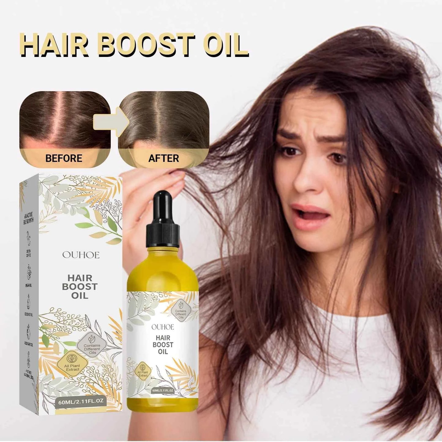 OUHOE Hair Boost Oil Dense Hair 2.11fl.oz (60ml) Makes Hair Thicker Healthier Promoting Hair Regeneration Caring Essential Oils