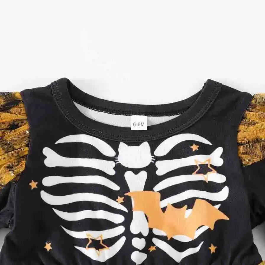 New Baby Girls Cute Cartoon Halloween Dress Long Sleeves Spliced Mesh Yarn Irregular Dress  Autumn Princess Party Tutu Dresses