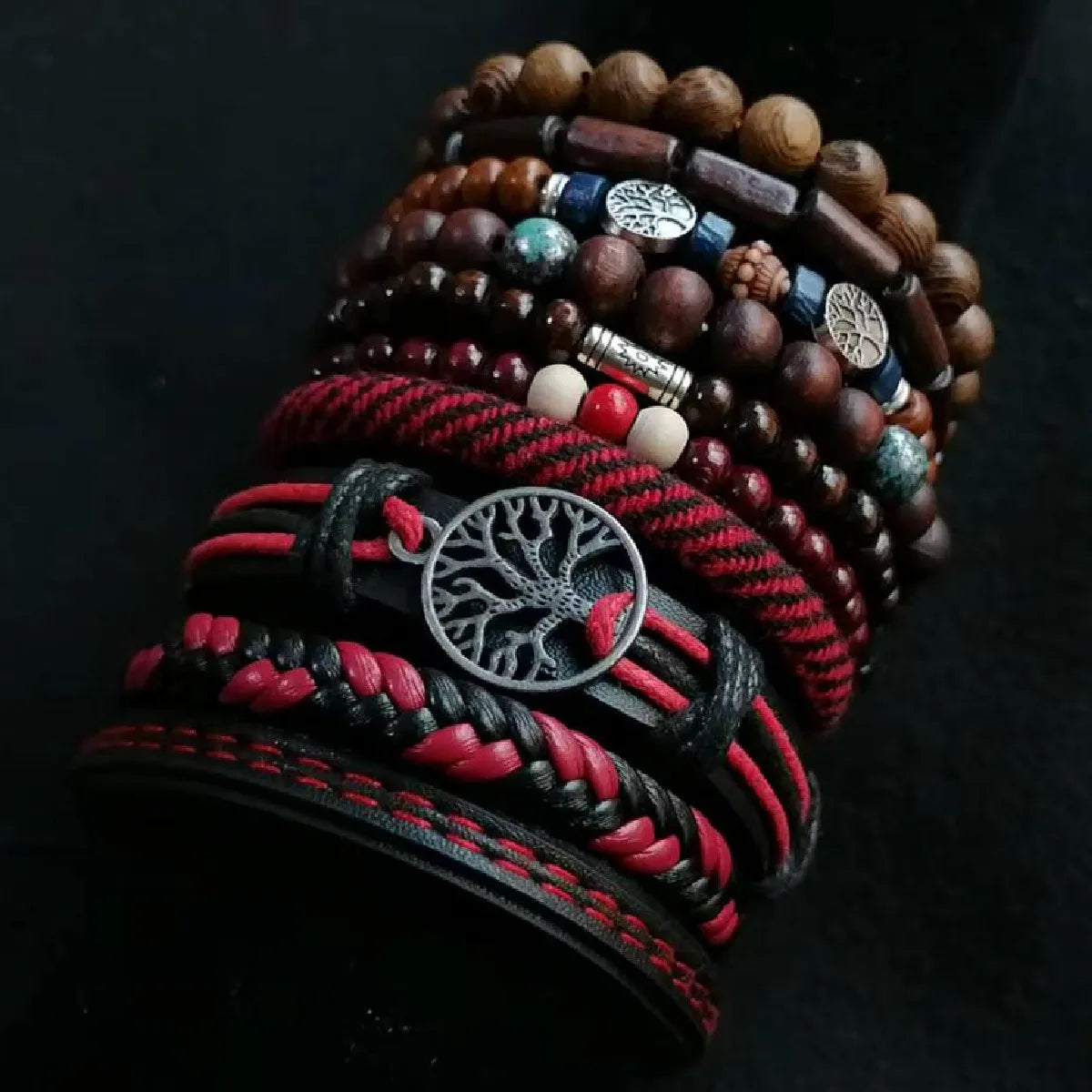 Khaki Tree 10 Pcs/set Black Wrap Woven Fashion Handmade Men Bracelets Male Women Leather Bracelets Men Bangle Wholesale Jewelry