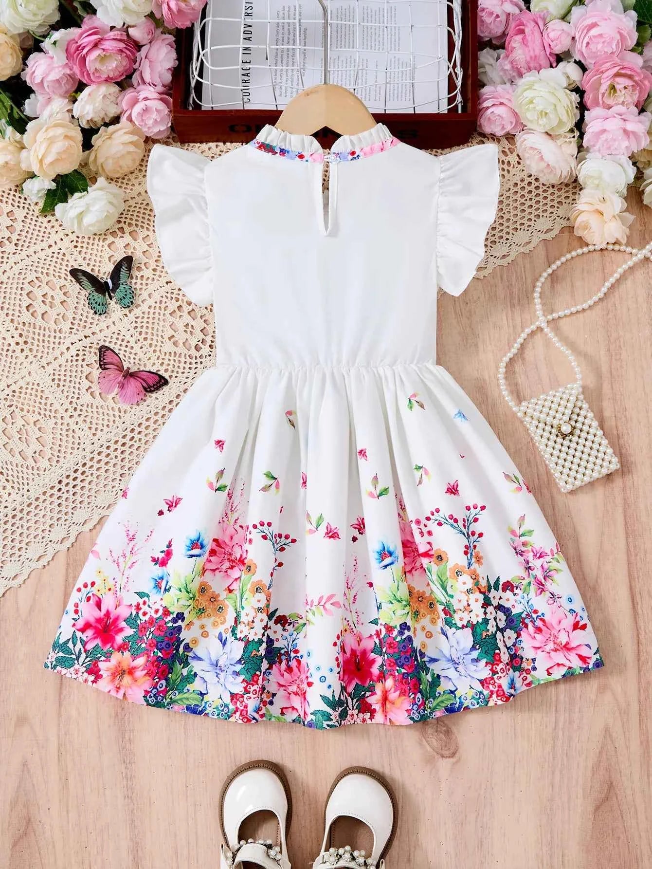 New Kids Girl Dress Summer Floral with Bow Fashion White Vestidos Short Sleeve Children Clothing Outfits Casual Printed  Dresses