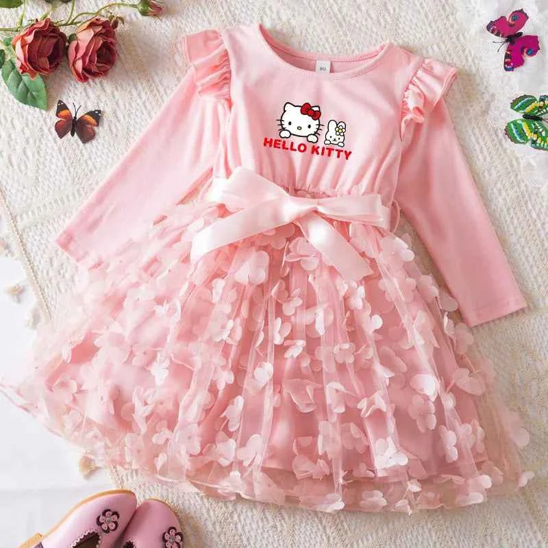 Hello Kitty Autumn Dress for Kid's Casual Clothes 3D Butterfly Cute Long Sleeve Baby Girls Princess Dress Party Dresses 2-6 Yrs