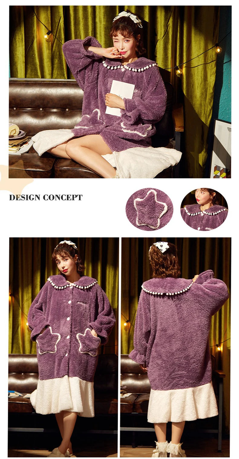 2024 Winter Pajamas For Women Cartoon Hooded Long Robe Strawberry Jacket Cute Home Wear Sleepwear Kawaii Flannel Warm Bathrobe - AMULET RING STORE