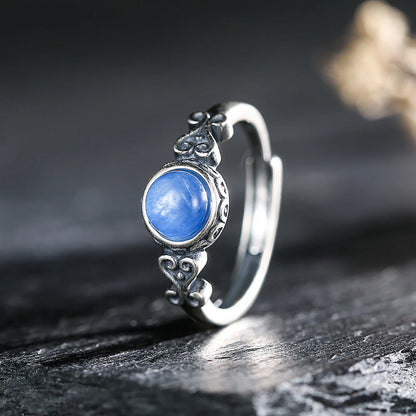 Retro 925 Silver Blue Crystal Ring, Natural Crystal Women's Ring Jewelry, Elegant Retro Ring Bohemian Style, Adjustable Size - AMULET RING STORE