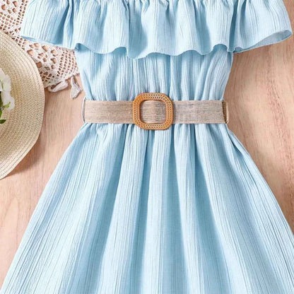 Girls Casual Dresses One-line Shoulder Strap Patchwork Lace Dress Kids Clothes Girls 8 To 12 Years Princess Dress for Girls