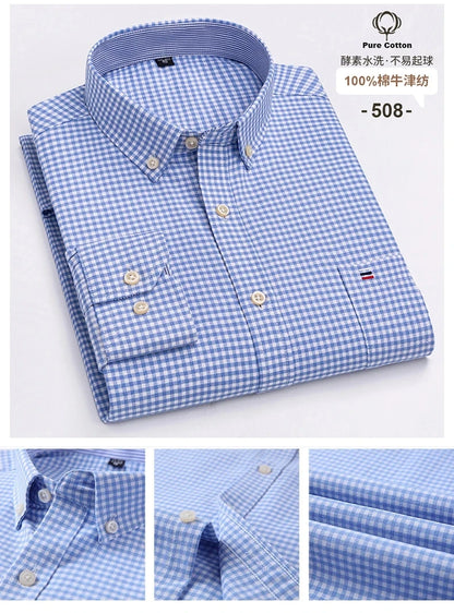 100% Cotton Oxford Men's Shirts Long Sleeves Plaid Soft Regular Fit Formal Dress Shirt Pocket Social Blouse Male Clothes S-7XL