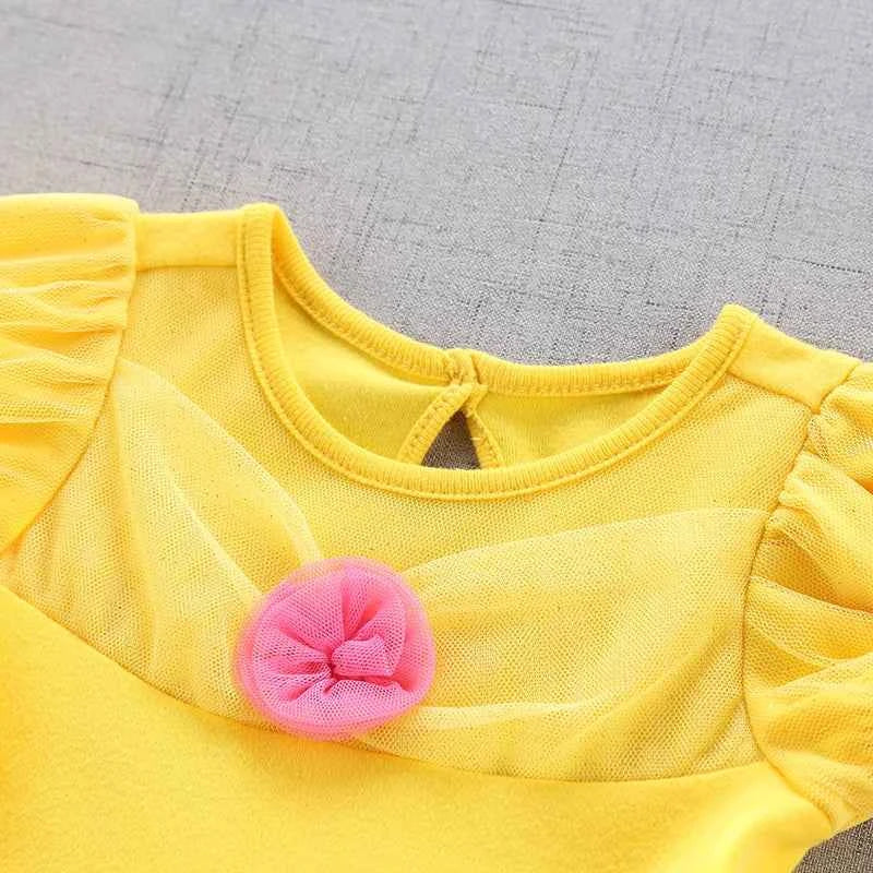 Baby Girl Birthday Outfit Set Short-sleeved Bodysuit Princess Romper Dress With Headband Yellow 3D Floral Girl Clothes 3-18M